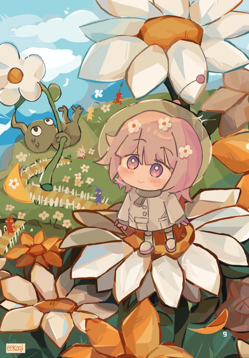 nanami chiaki, red pikmin, yellow pikmin, and blue pikmin (danganronpa and 1 more) drawn by eekoqi