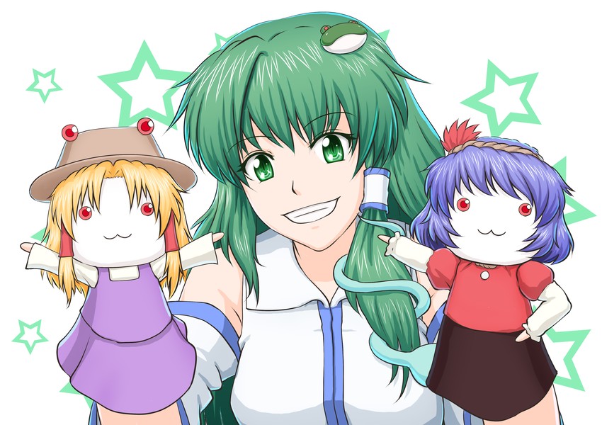 kochiya sanae, moriya suwako, yasaka kanako, and kyubey (touhou and 1 more) drawn by nazal
