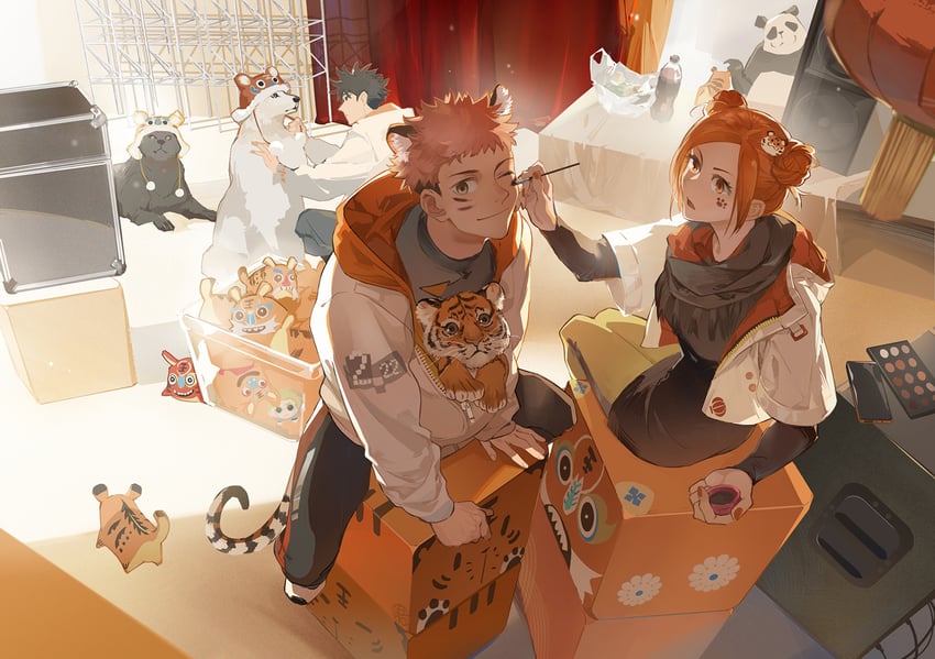itadori yuuji, fushiguro megumi, kugisaki nobara, panda, and gyokuken (jujutsu kaisen) drawn by guttia