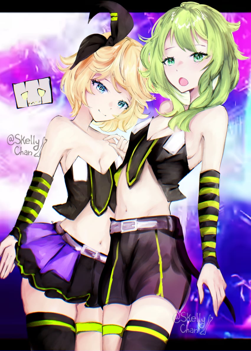 kagamine rin and gumi (vocaloid and 1 more) drawn by skellychan