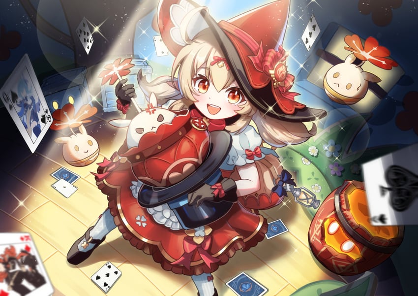 eula, diluc, slime, jumpy dumpty, and klee (genshin impact) drawn by saylamars