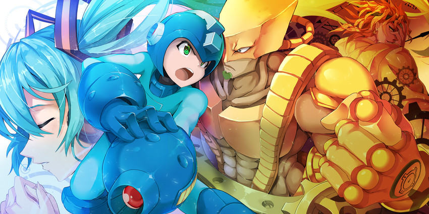 hatsune miku, dio brando, mega man, and the world (vocaloid and 4 more) drawn by zelitto