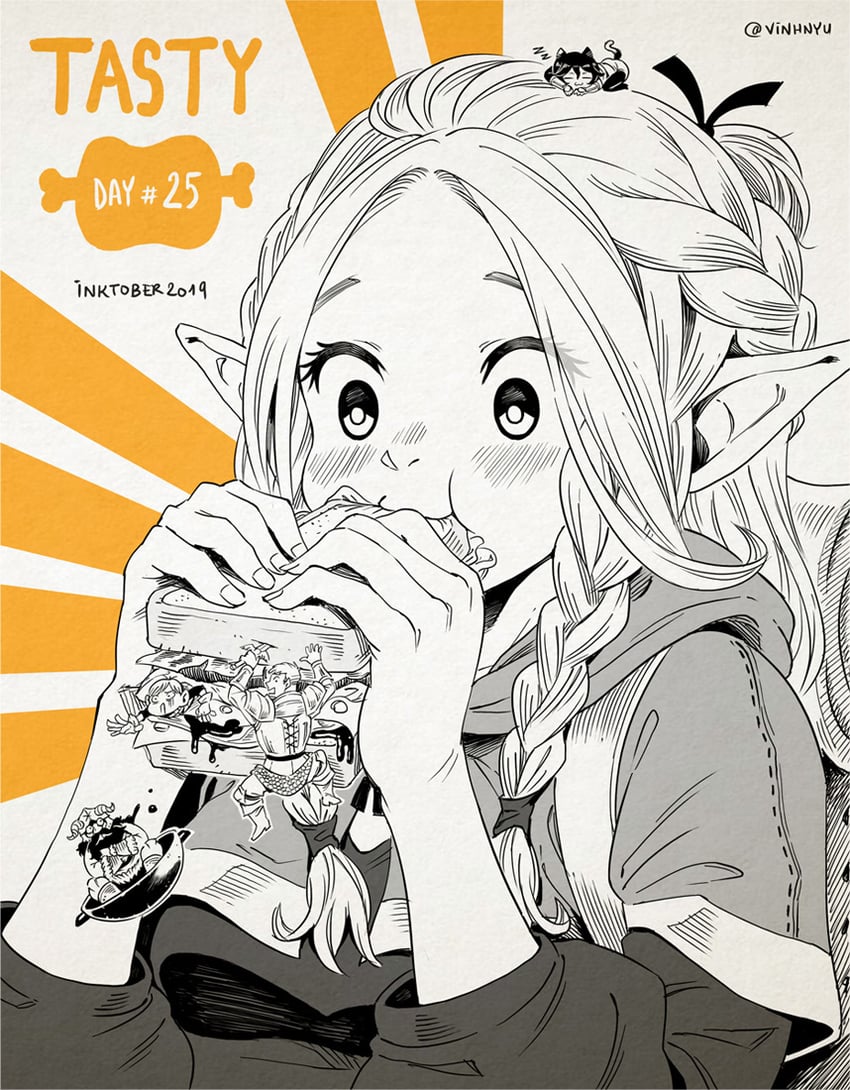 marcille donato, laios touden, senshi, chilchuck tims, and izutsumi (dungeon meshi) drawn by vinhnyu