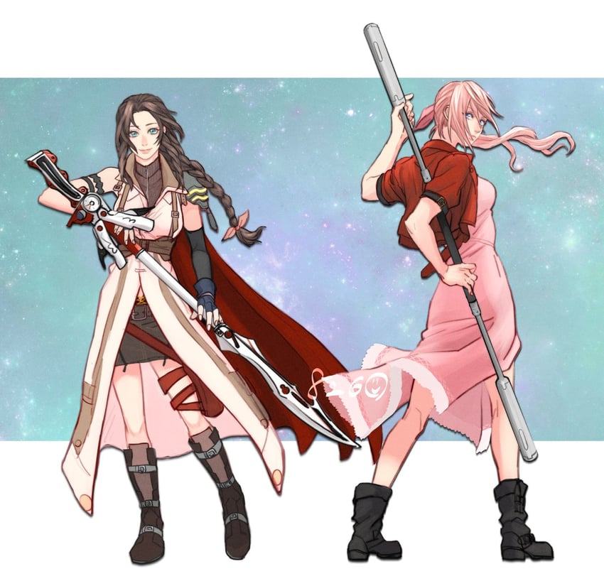 aerith gainsborough and lightning farron (final fantasy and 3 more) drawn by 826hopelight