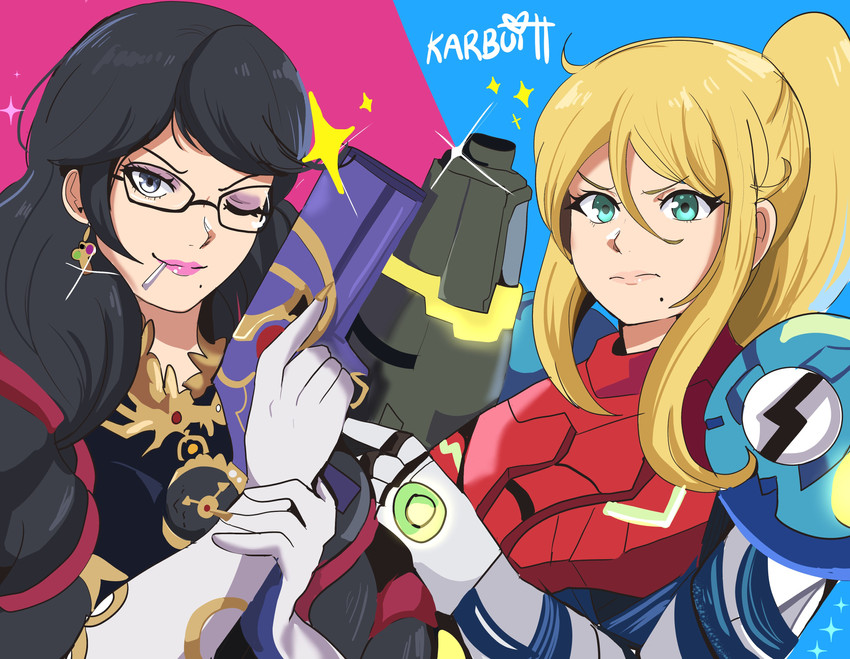 samus aran and bayonetta (metroid and 3 more) drawn by karbuitt