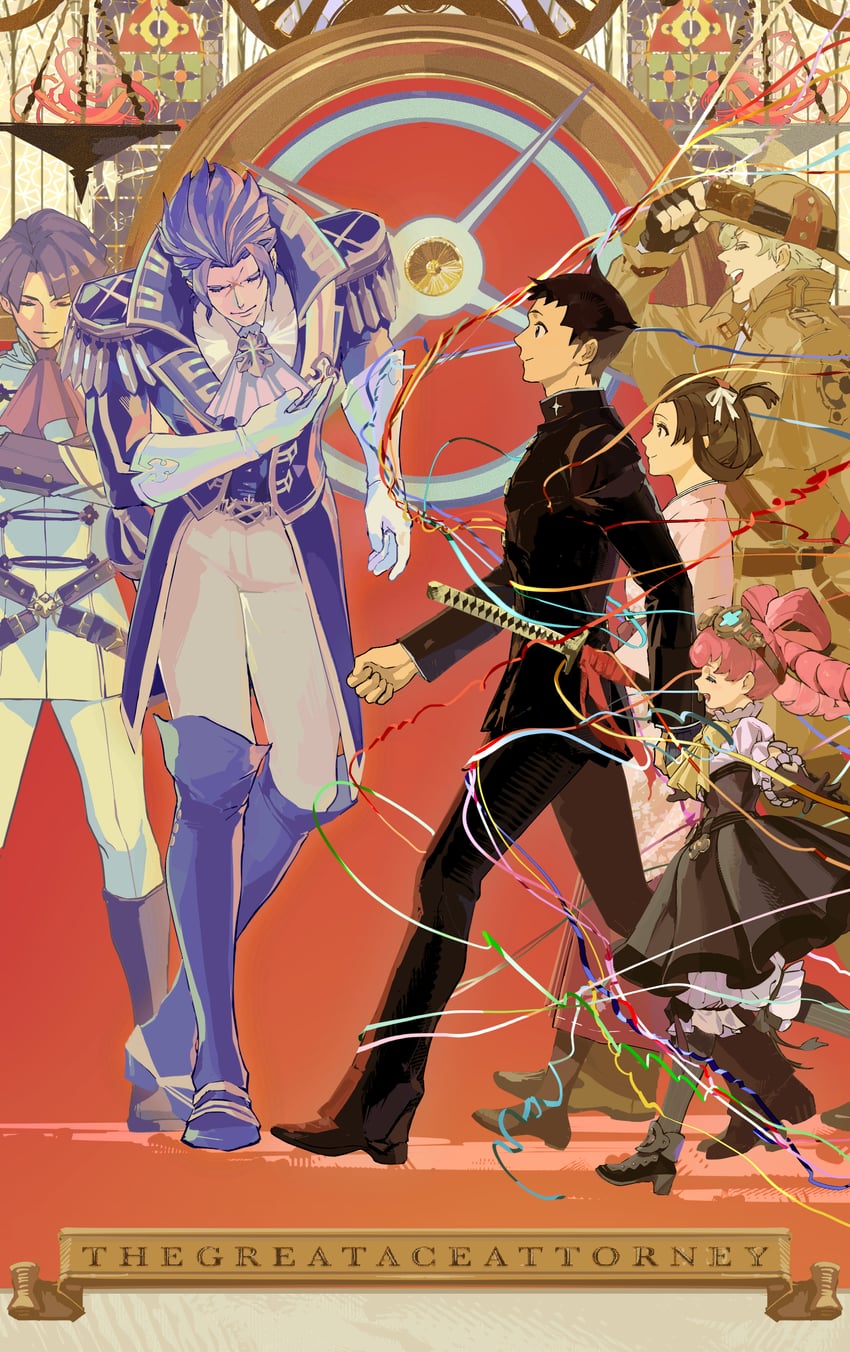 ryunosuke naruhodo, kazuma asogi, barok van zieks, herlock sholmes, susato mikotoba, and 1 more (ace attorney and 1 more) drawn by lantern_madoyoi