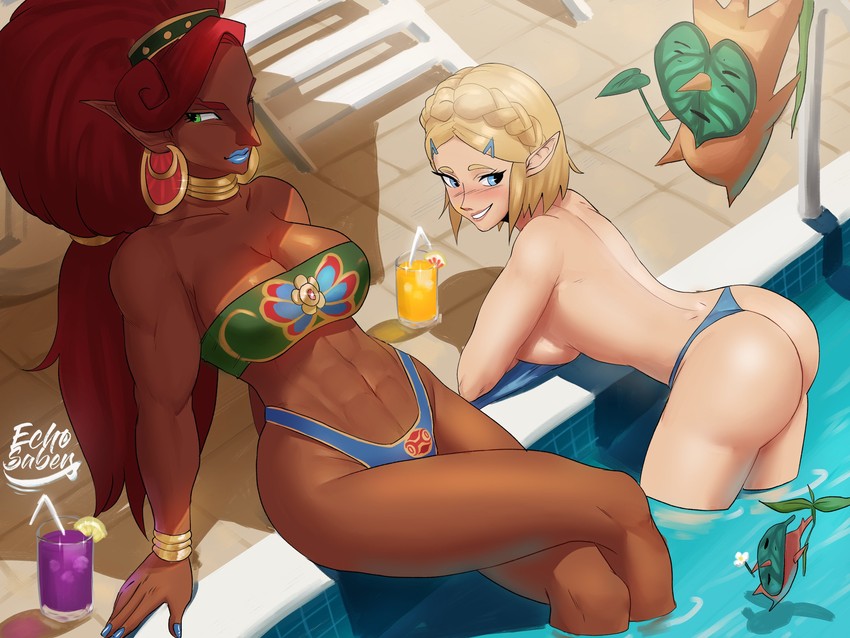 princess zelda, urbosa, and korok (the legend of zelda and 1 more) drawn by echo_saber