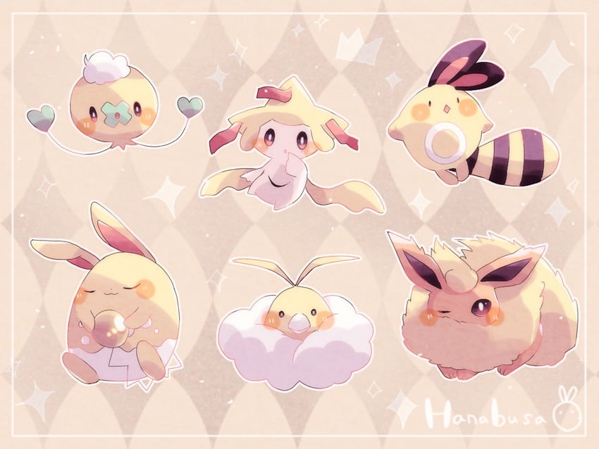 flareon, jirachi, drifloon, swablu, sentret, and 1 more (pokemon) drawn by hanabusaoekaki