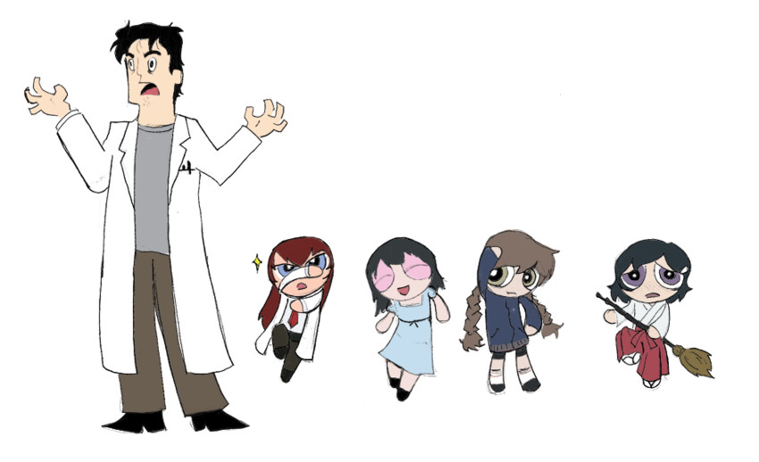 makise kurisu, okabe rintarou, shiina mayuri, amane suzuha, and urushibara luka (steins;gate and 1 more) drawn by drawfag