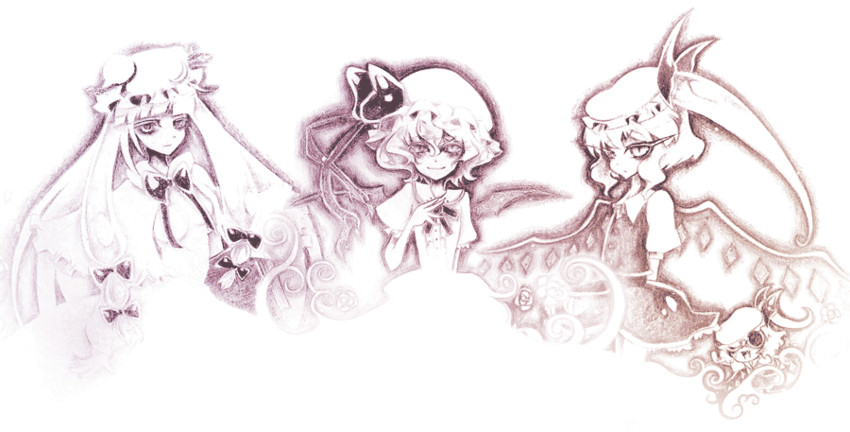 remilia scarlet, flandre scarlet, and patchouli knowledge (touhou) drawn by hoshi_nawoki