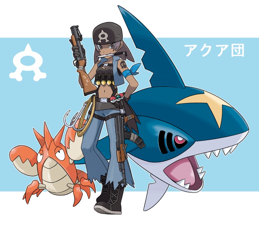 sharpedo, corphish, and team aqua grunt (pokemon and 1 more) drawn by thegraffitisoul