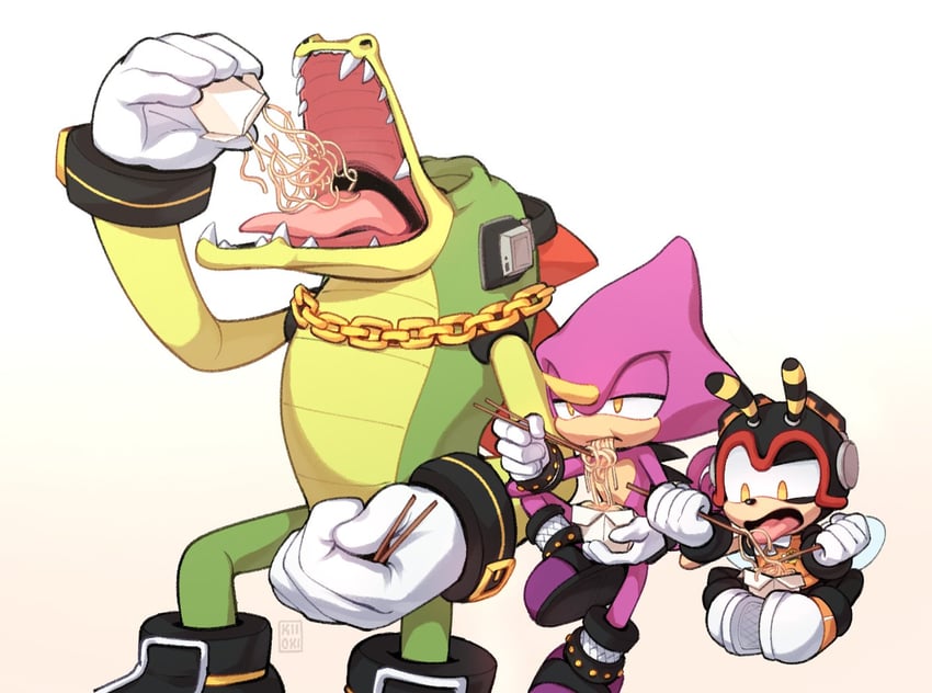 espio the chameleon, vector the crocodile, and charmy bee (sonic) drawn by kiioki11