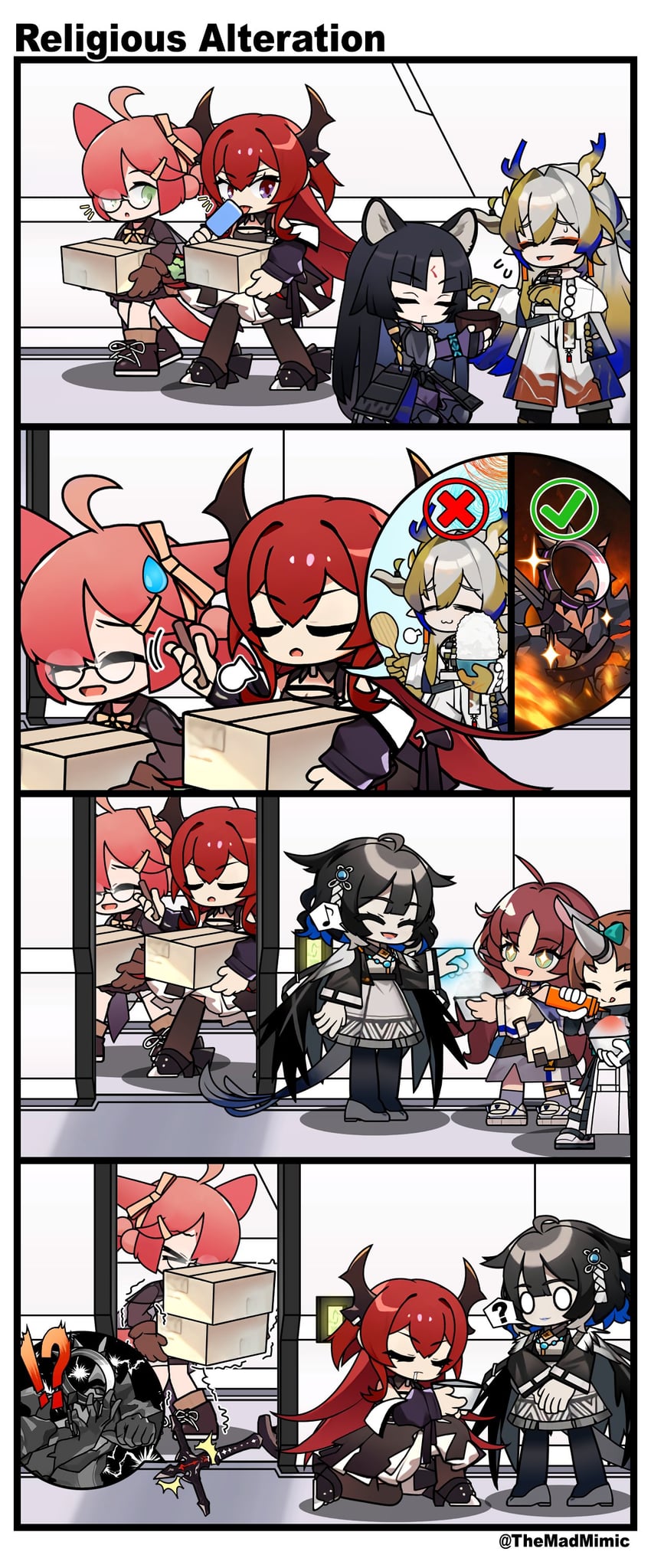 surtr, shu, saga, myrtle, kjera, and 2 more (arknights) drawn by the_mad_mimic