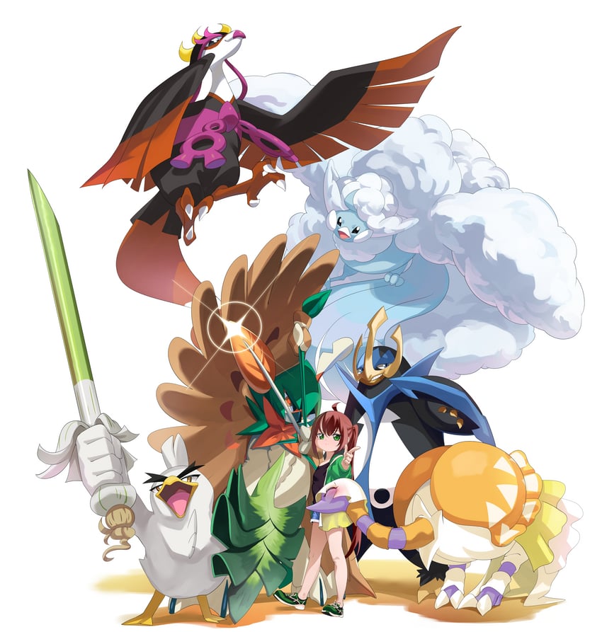 altaria, decidueye, sirfetch'd, empoleon, mega altaria, and 2 more (original and 1 more) drawn by gpaper232