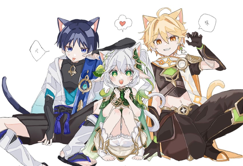 scaramouche, aether, nahida, and wanderer (genshin impact) drawn by 34twin22