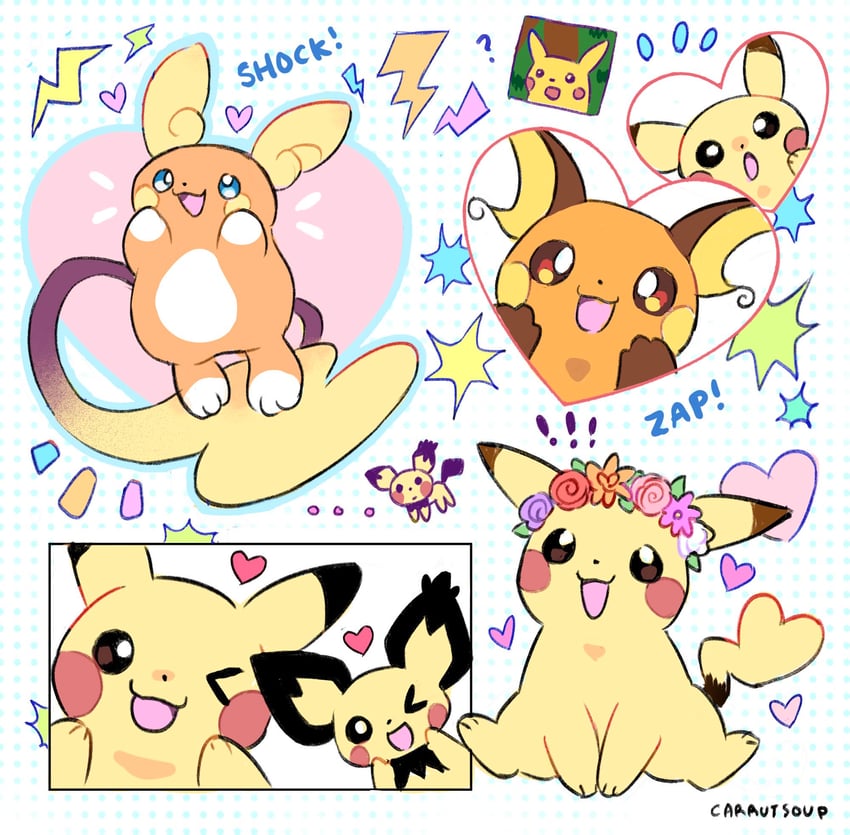 pikachu, pichu, raichu, alolan raichu, and spiky-eared pichu (pokemon) drawn by carrutsoup