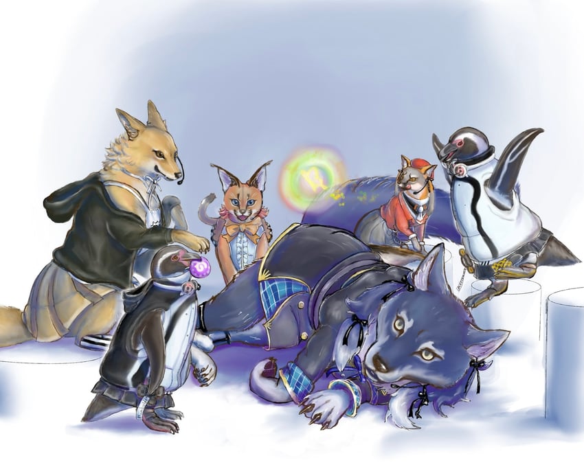 island fox, humboldt penguin, caracal, coyote, dire wolf, and 1 more (kemono friends and 1 more) drawn by kani_misomiso
