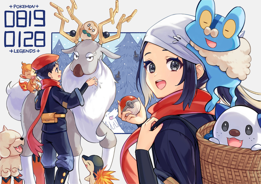 akari, rowlet, oshawott, cyndaquil, rei, and 5 more (pokemon and 1 more) drawn by chen_(1717)