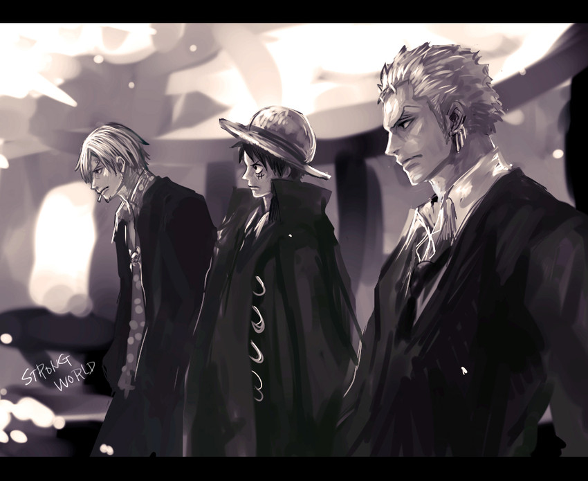 monkey d. luffy, roronoa zoro, and sanji (one piece) drawn by tsuyomaru