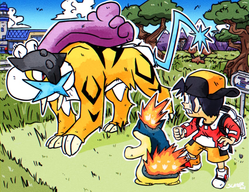 ethan, raikou, quilava, and doduo (pokemon and 1 more) drawn by megatonslater