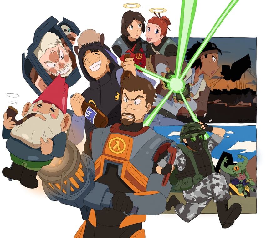 gordon freeman, headcrab, alyx vance, barney calhoun, gnome chompski, and 6 more (half-life and 6 more) drawn by chimeraenvy