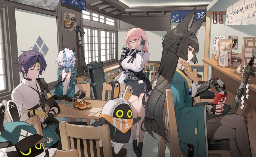 hoshimi miyabi, tsukishiro yanagi, eous, soukaku, and asaba harumasa (zenless zone zero) drawn by chukibabo2