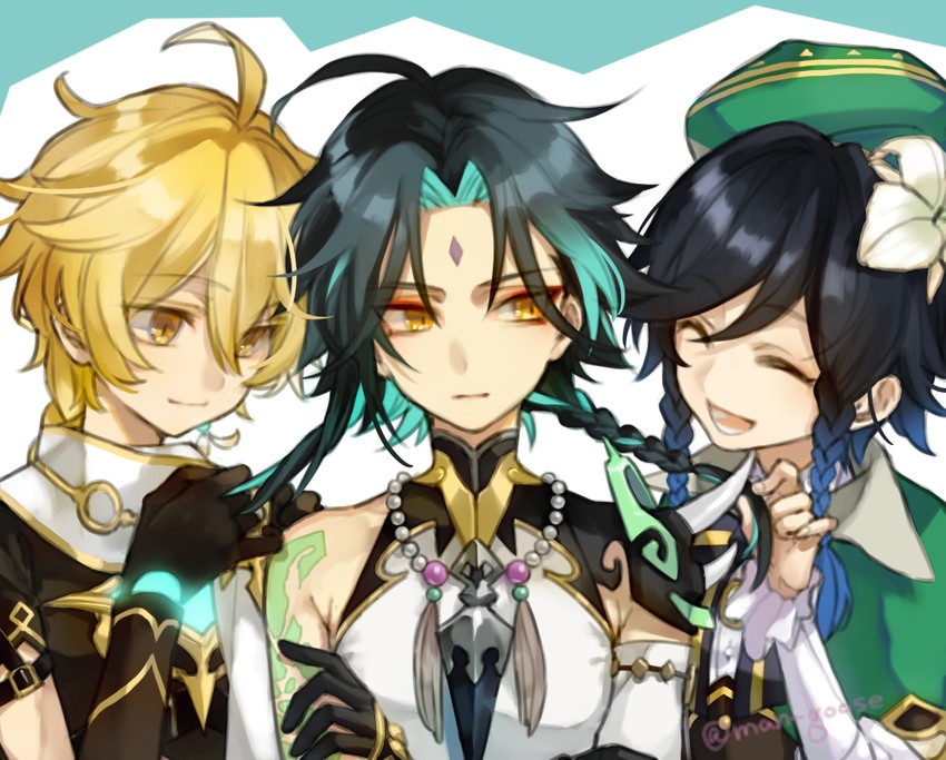 aether, venti, and xiao (genshin impact) drawn by maka_(morphine)