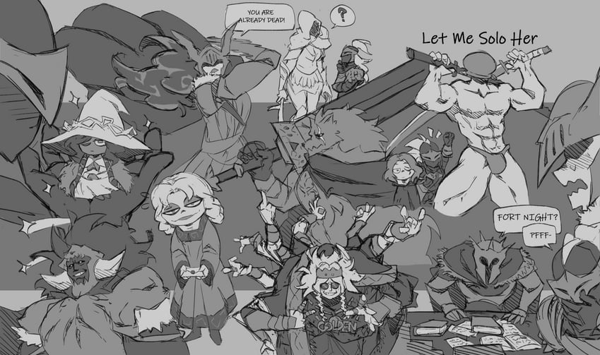 ranni the witch, malenia blade of miquella, tarnished, melina, blaidd the half-wolf, and 8 more (elden ring) drawn by mechapen