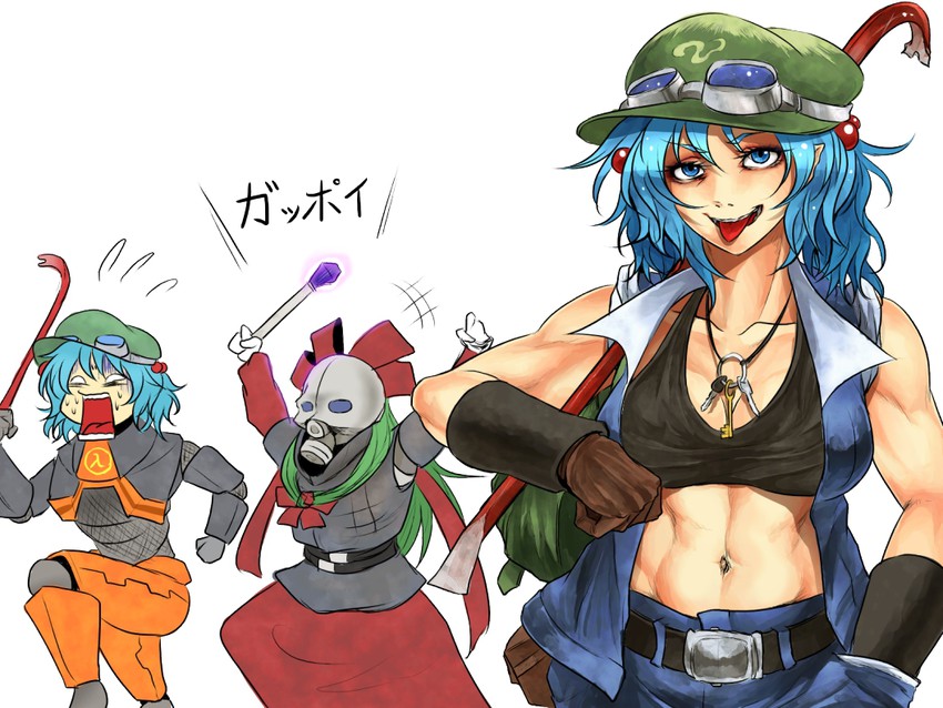 kawashiro nitori, kagiyama hina, gordon freeman, and metrocop (touhou and 2 more) drawn by ryuuichi_(f_dragon)