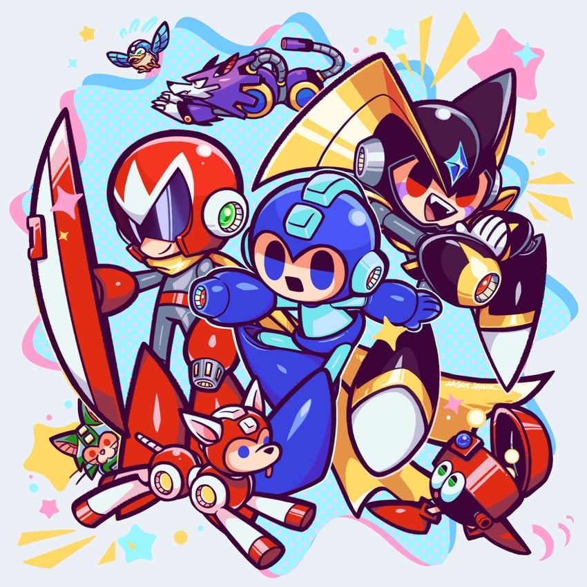 mega man, proto man, bass, rush, beat, and 3 more (mega man) drawn by laser-lance