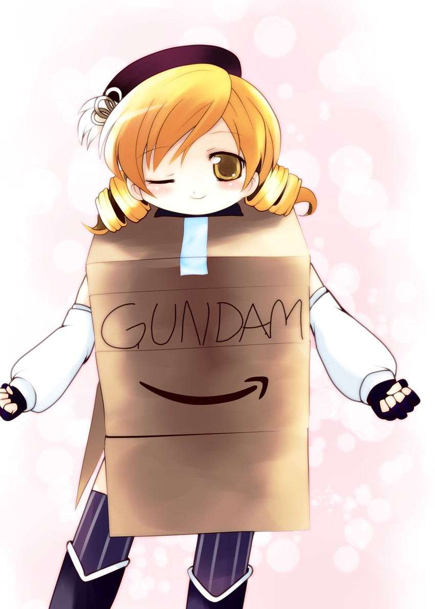 tomoe mami and cardboard box gundam (mahou shoujo madoka magica and 1 more) drawn by yume_shokunin