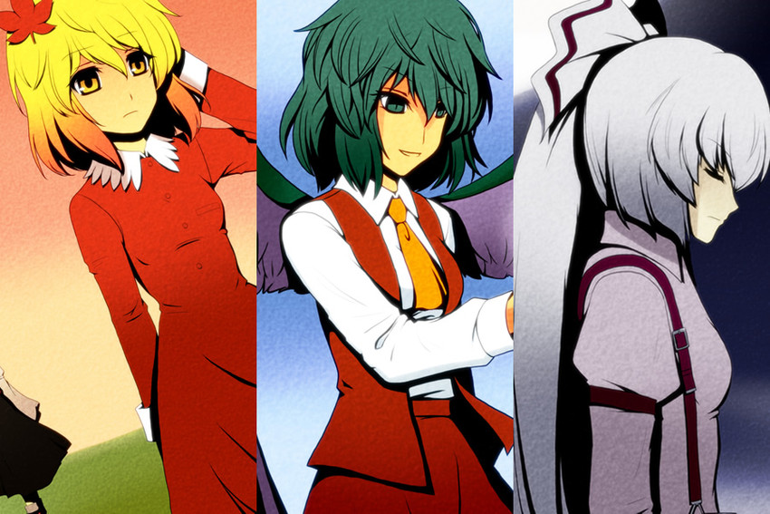 fujiwara no mokou, kazami yuuka, aki minoriko, and aki shizuha (touhou) drawn by kagi