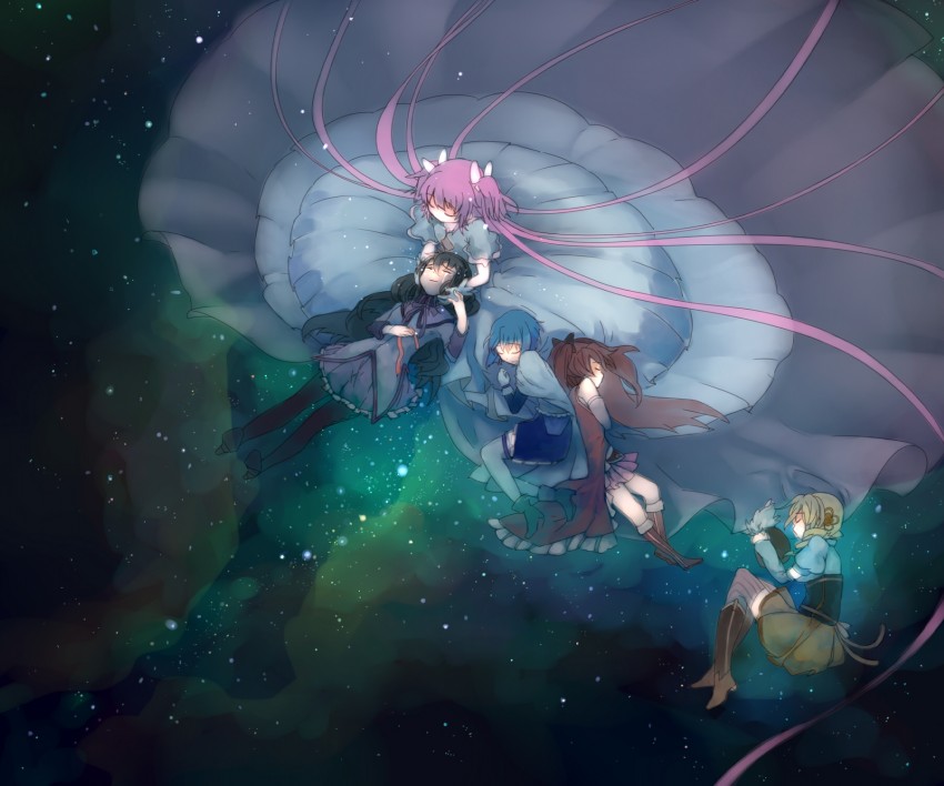 akemi homura, kaname madoka, miki sayaka, sakura kyoko, tomoe mami, and 1 more (mahou shoujo madoka magica) drawn by nemeko