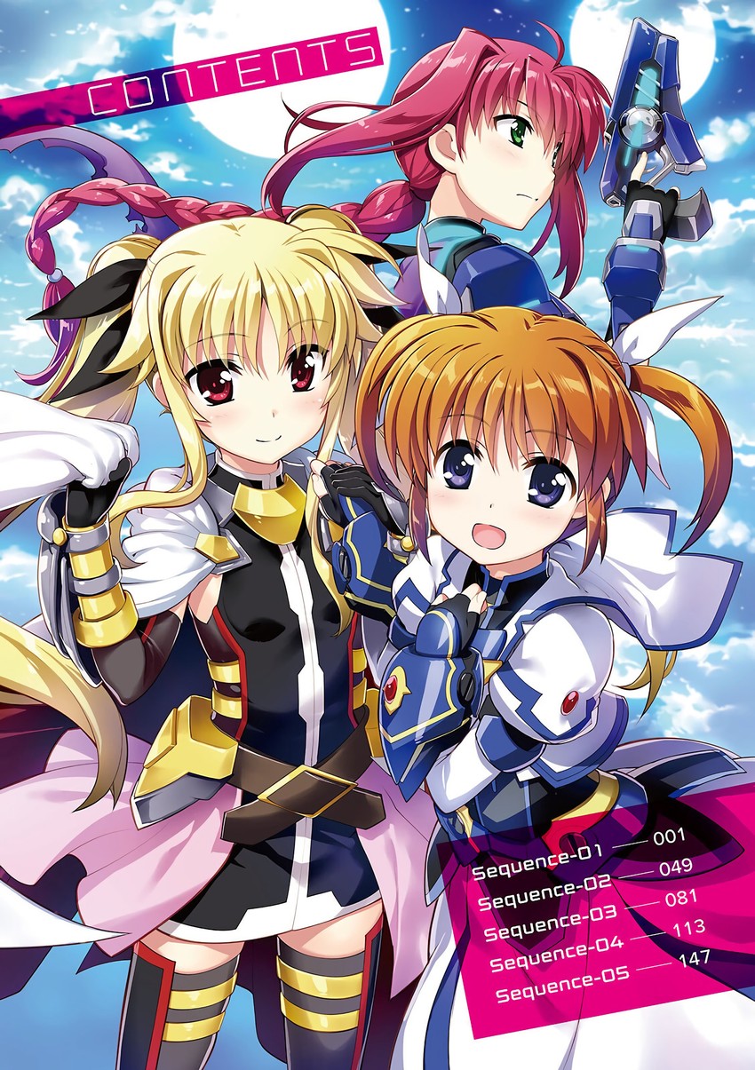 fate testarossa, takamachi nanoha, amitie florian, and variant zapper (lyrical nanoha and 2 more) drawn by fujima_takuya