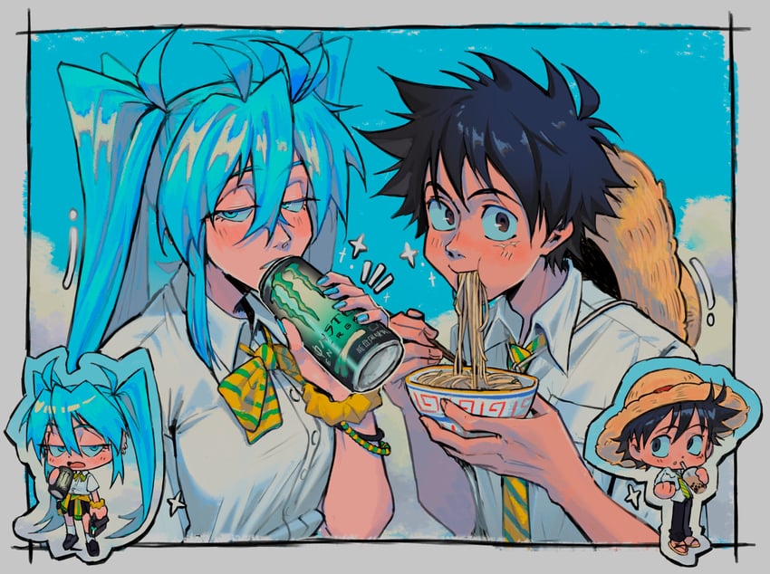 hatsune miku and monkey d. luffy (vocaloid and 1 more) drawn by sainttufa