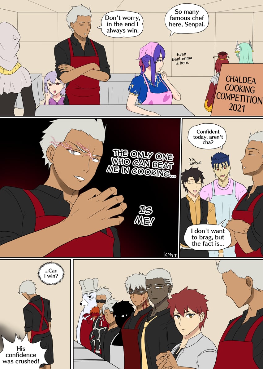 fujimaru ritsuka, emiya shirou, cu chulainn, archer, kama, and 11 more (fate and 3 more) drawn by kmvt