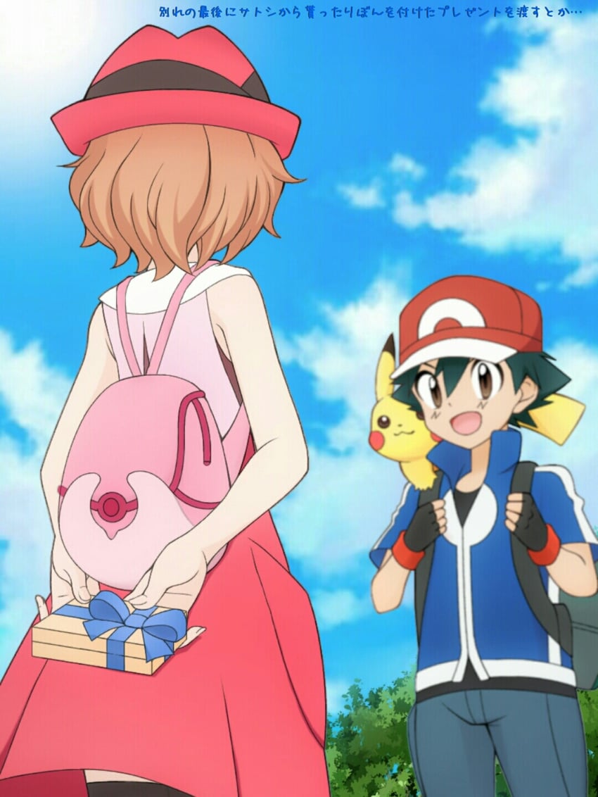 pikachu, ash ketchum, and serena (pokemon and 1 more) drawn by kouzuki_(reshika213)