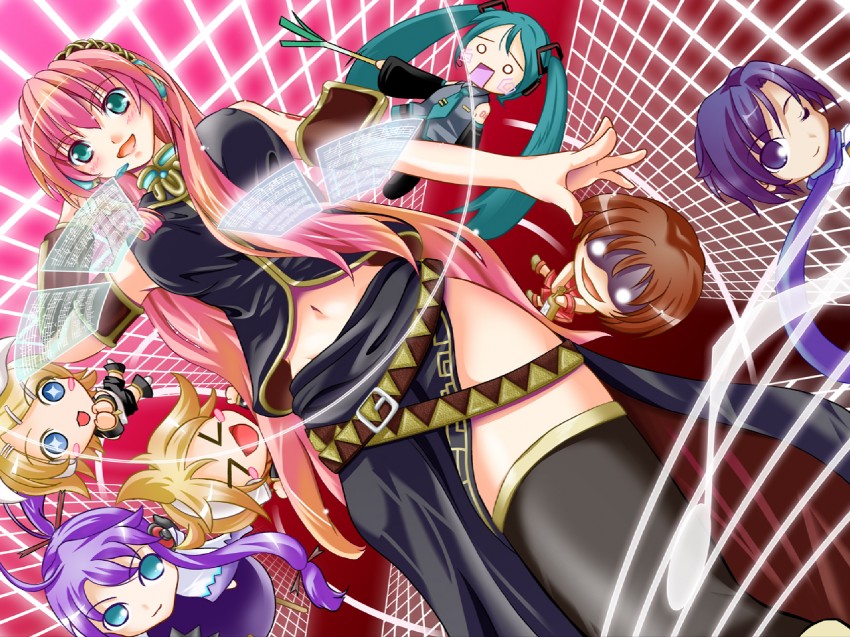hatsune miku, kagamine rin, kagamine len, megurine luka, kaito, and 3 more (vocaloid) drawn by tsukineko