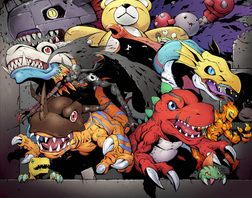 agumon, greymon, koromon, metalgreymon, botamon, and 9 more (digimon) drawn by sasasi