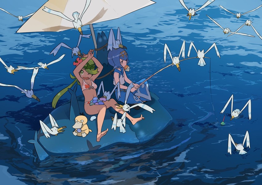 lana, mallow, psyduck, wingull, and wishiwashi (pokemon and 1 more) drawn by shinjiro