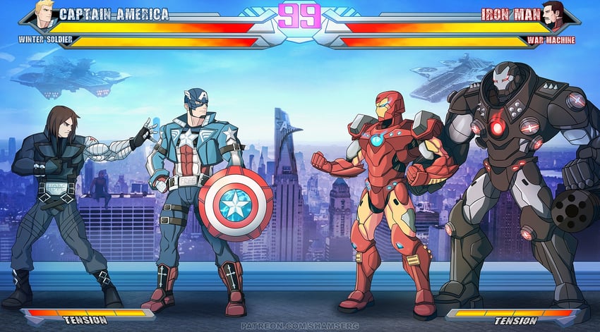 steve rogers, captain america, tony stark, iron man, bucky barnes, and 3 more (guilty gear and 8 more) drawn by shamserg