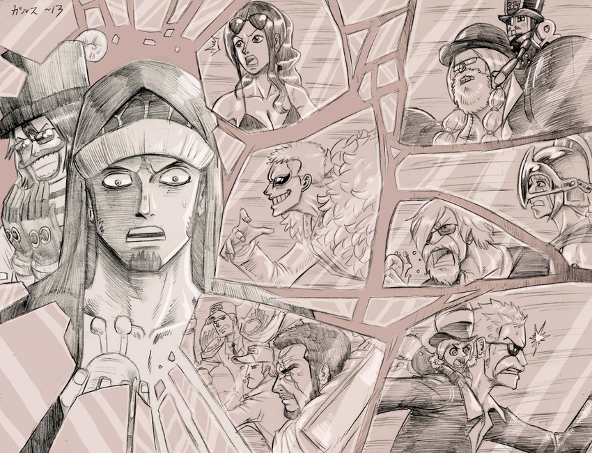 nico robin, roronoa zoro, sanji, trafalgar law, donquixote doflamingo, and 7 more (one piece) drawn by garththedestroyer