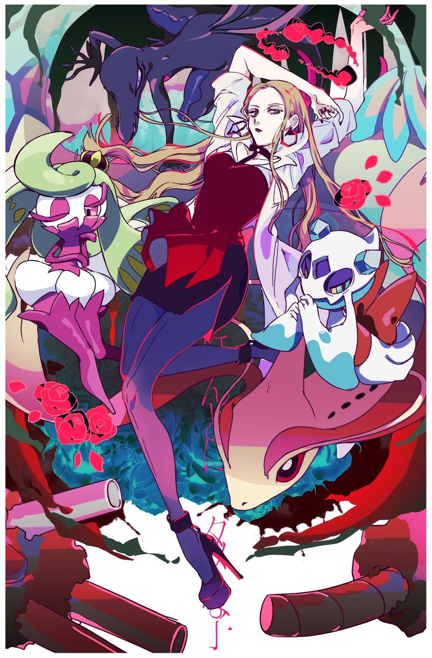 milotic, froslass, tsareena, oleana, salazzle, and 2 more (pokemon and 1 more) drawn by chiyo_(min0yoko)