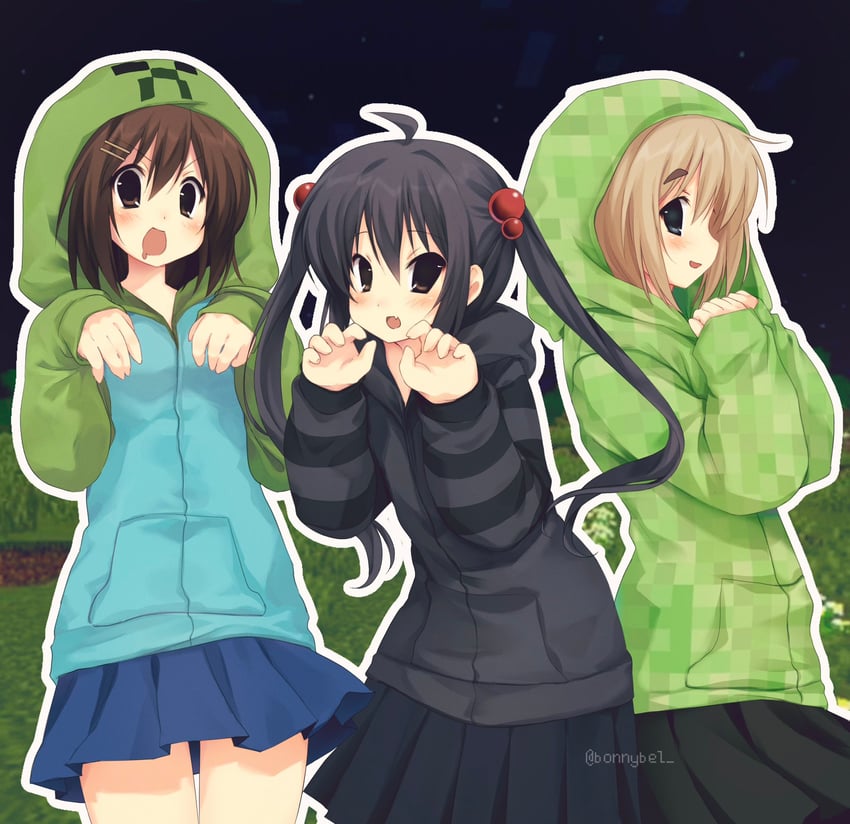 nakano azusa, hirasawa yui, tainaka ritsu, creeper, zombie, and 1 more (k-on! and 2 more) drawn by jelly_(bonnybel)