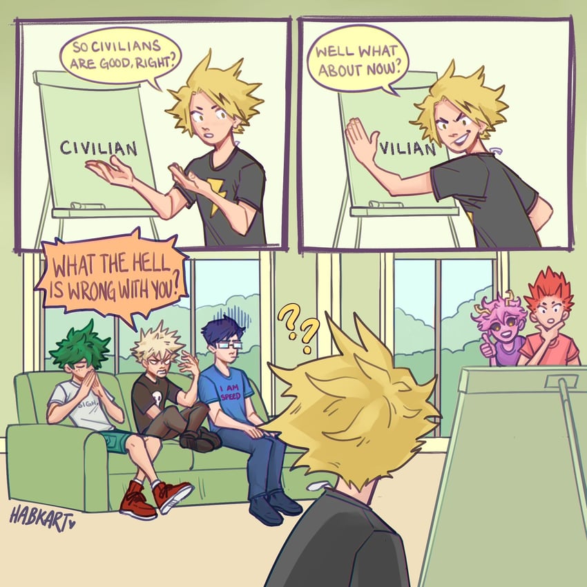 midoriya izuku, bakugou katsuki, ashido mina, kirishima eijiro, kaminari denki, and 1 more (boku no hero academia) drawn by habkart