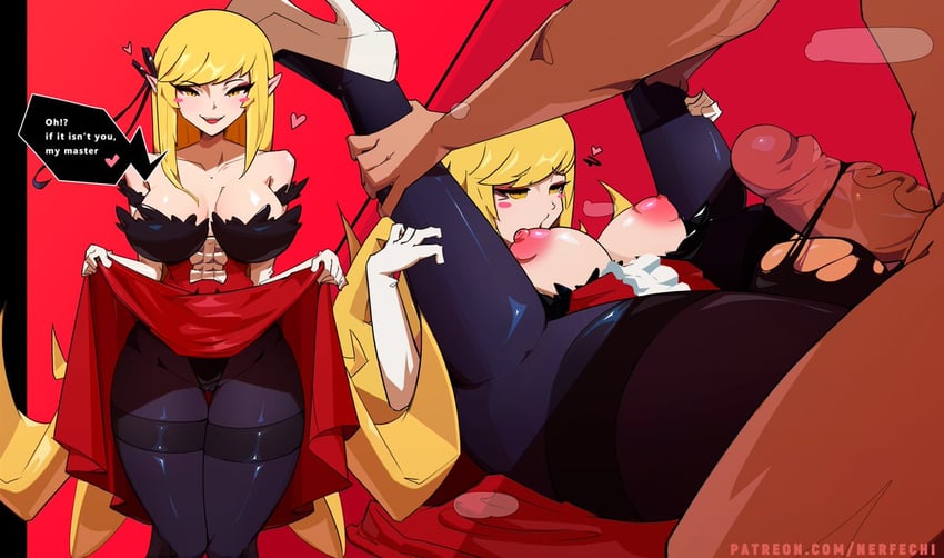 oshino shinobu and kiss-shot acerola-orion heart-under-blade (monogatari) drawn by nerfechi