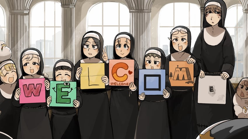 clumsy nun, froggy nun, star nun, square nun, eyelashes nun, and 4 more (little nuns) drawn by diva_(hyxpk)