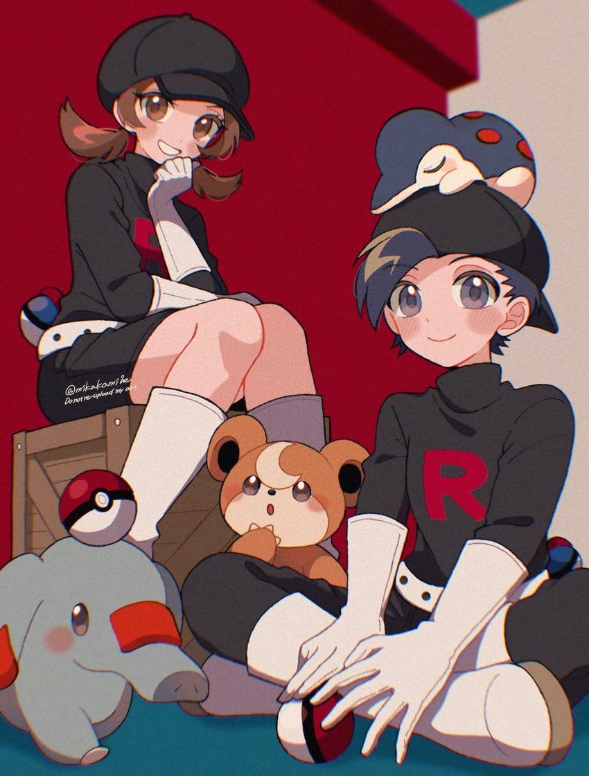 ethan, lyra, cyndaquil, teddiursa, and phanpy (pokemon and 1 more) drawn by mikakami1e