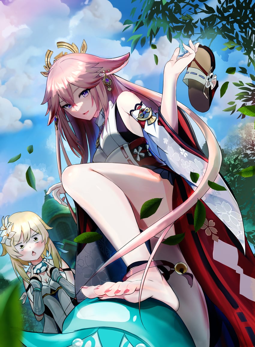 lumine, yae miko, and fungi (genshin impact) drawn by take_(ozzzryo)