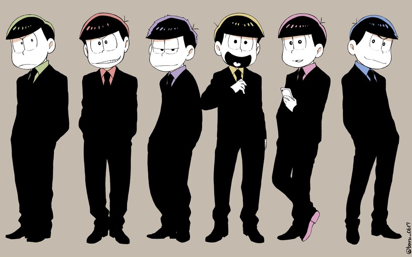 matsuno osomatsu, matsuno karamatsu, matsuno ichimatsu, matsuno jyushimatsu, matsuno choromatsu, and 1 more (osomatsu and 1 more) drawn by huni0617